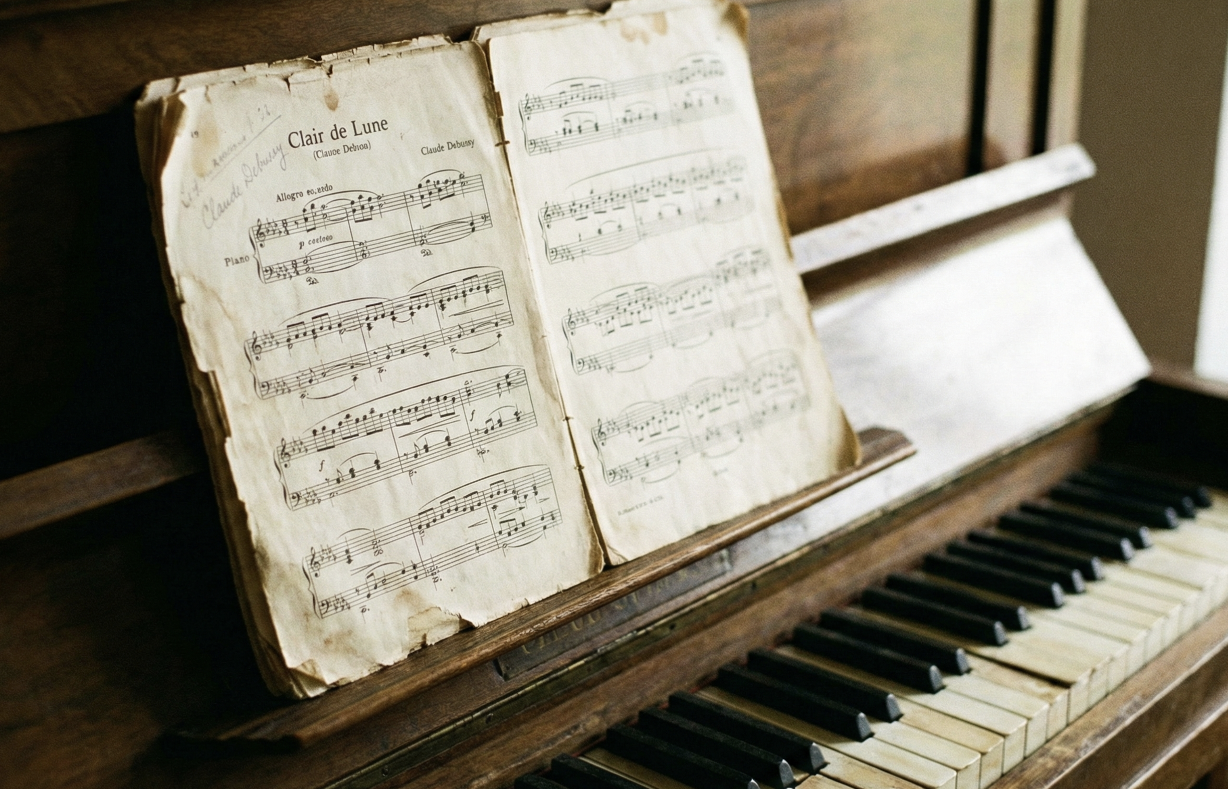 Sheet music for 'Clair de Lune' resting on a vintage piano.